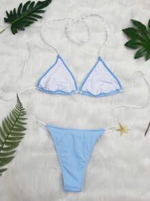 SHEIN Swim 2 件套 新款碎花边露背性感沙滩泳装 女士 夏季度假 - 淺藍色 - 查看 3