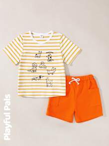 SHEIN 2 peças/conjunto de camiseta e shorts de bolso para meninos, casual, diário, estampa listrada fofa, gola redonda, manga curta, conjunto de verão - Multicolorido - Ver 3
