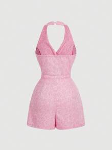 SHEIN MOD Women Tweed V-Neck Sleeveless Pearl Button Jumpsuit, Pink Jumpsuit,Professional Women Clothes,Office Women Outfits,Summer Women Dresses - Pink - View 2