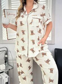 Set aus Top mit kurzen Ärmeln und Hose mit niedlichem Bären-Aufdruck - Aprikosenfarben - Übersicht 3