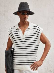 AKNOTIC Party Men's Loose Knit Casual Sweater, Suitable For Summer - Black and White - View 2
