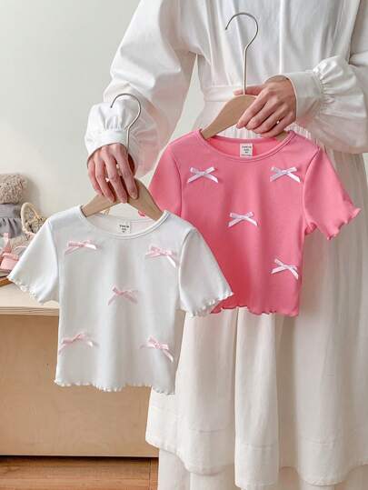 SHEIN LMoss Kids 2 件套年轻女孩纯色圆领修身休闲 T 恤