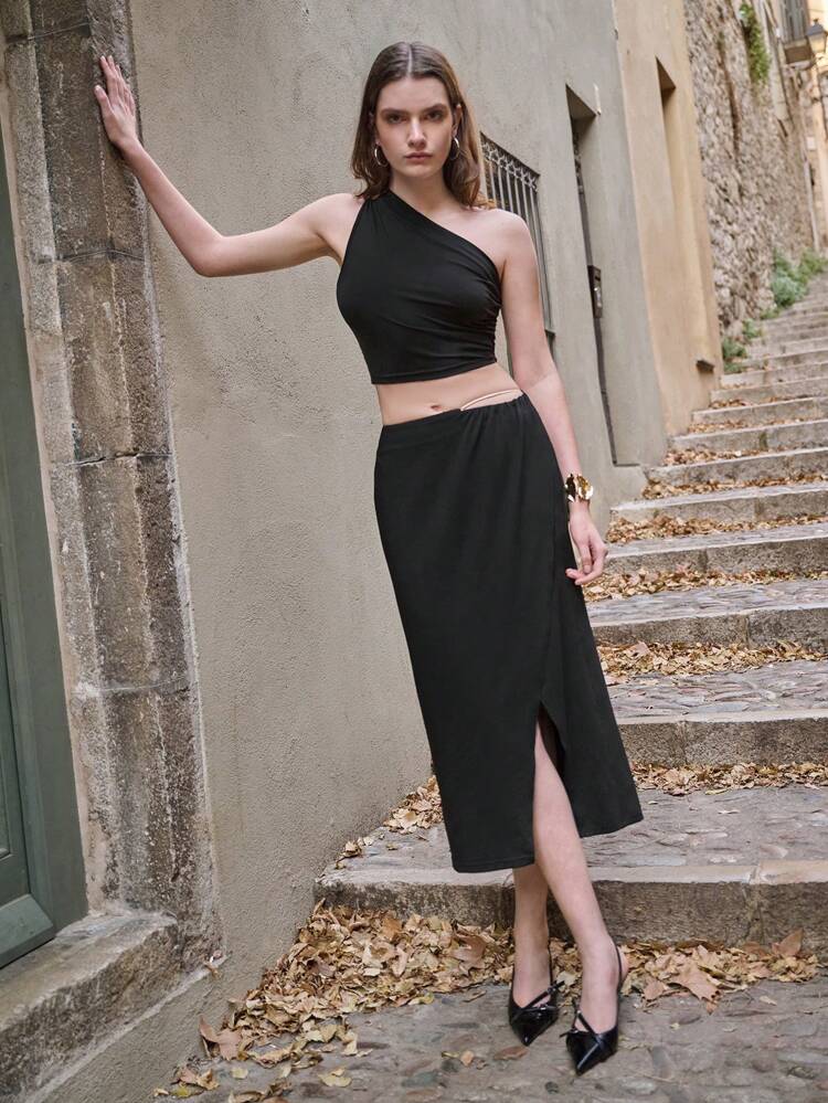 SHEIN Maija Neuer Frühlings- und Sommerstil schwarzer Metallschnallen-Webetop, urban-modern und eleganter Rock, Damen Zweiteiler, Alltags-Lässig, geeignet für Ausgehen, Urlaub, Urlaubsparty, Hochzeit-Date-Outfit