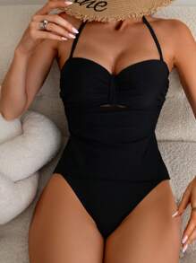 Swim Lushoire Detachable 1/2 Cup Spaghetti Strap Halter Top And Bottom Tankini Set, For Summer Beach Vacation