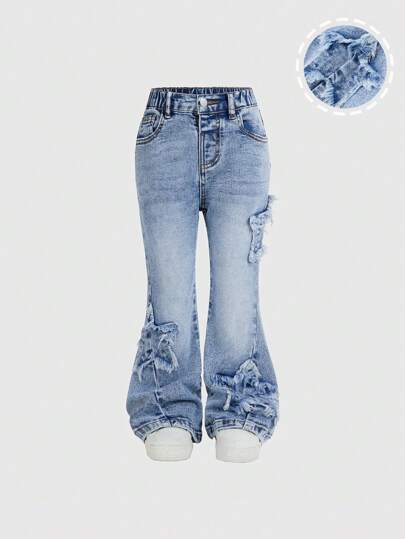 SHEIN Young Girls' Distressed Star Embroidered High Elasticity Flare Jeans With Ruffled Hem, Comfortable Cute Daily Wear, Light Wash Blue