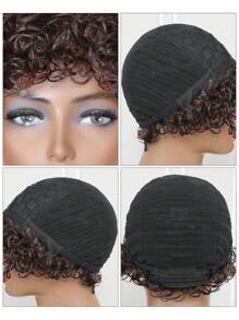 Short Curly Wave Wigs With Bangs 1BF99J# Put-On & Go Virgin Human Hair Machine Made Wig Mix Color