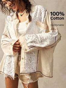 Bohemela Casual Woven Contrast Lace Loose Lapel Front Open Women Blouse - Multicolor - View 1