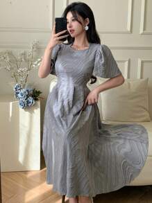 DAZY 女士优雅荷叶边袖 A 字中长连衣裙太阳裙，婚礼礼服 - 藍色 - 查看 9
