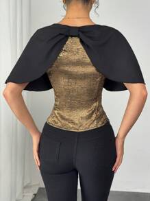 SHEIN Unity Women's 2024 New Design Elegant Cap Sleeve Casual Shirt - Black and Gold - View 2