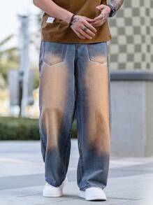 Manfinity EMRG Men's Casual Loose Pocket Design Wide Leg Jeans, Everyday Wear