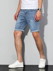 Manfinity Homme Men's Casual Rolled Hem Denim Shorts With Pockets - Light Wash - View 5