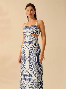 CAJUNI 女士波西米亚风绿色椰子树印花镂空腰后绑带无袖连衣裙，假日休闲夏装 - 彩色 - 查看 3