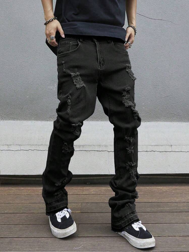 Manfinity Homme Plus Size Men's Denim Pockets Distressed Skinny Casual Pants - Black - View 7