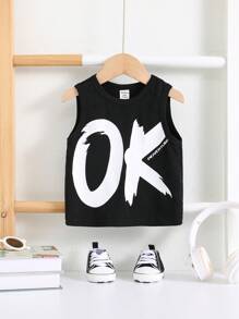 SHEIN Niemowlę Chłopięcy i Dziewczynek Luźny Jednolity Kolor Angielskie Litery Graficzny Bez Rękawów Tank Top, Nadaje Się Do Codziennego Noszenia, Na Zewnątrz, Sport, Sezon Wiosna/Lato