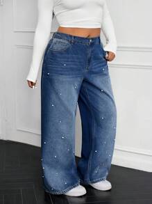 SHEIN EZwear Plus Size Casual Loose Beaded Embellished Wide-Leg Jeans