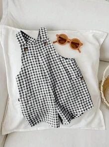 SHEIN LMoss Kids LMoss Newborn Baby Boy/Girl Summer Versatile Cute Plaid Pattern Jumpsuit With Overalls