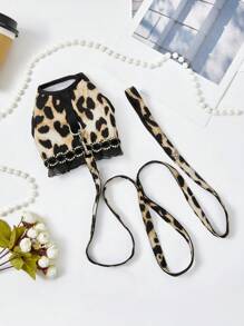PETSIN 1 Set Pet Fashionable Leopard Print Lace Edged Bra Cup Style Collar & Leash Set For Cats & Dogs