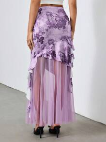 SHEIN Unity Purple Floral,Summer,Elegant,Party Mesh Insert Butterfly & Peony Print Bodycon Asymmetric Ruffle Hem Skirt With Waist Pleats, Retro Y2K Style - Purple - View 2