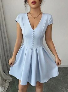 Elenzga Women's Light Blue V-Neck Cinched Waist Button Decor Mini Dress - Blue - View 3