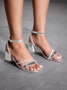 CUCCOO SZL 女士时尚银色金属细带水钻踝带方头中粗跟凉鞋，适合通勤、约会、派对、度假、婚礼 - 銀色 - 查看 4