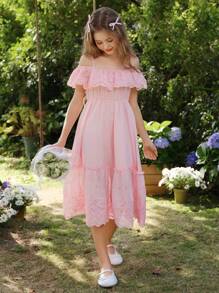 SHEIN Tween 女童荷叶边镂空刺绣长裙，优雅花卉度假派对风格连衣裙