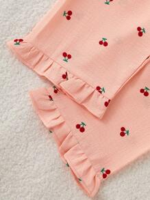 Girl's Scalloped Collar Ruffle Floral Print Pajama Set, Fashion Youth