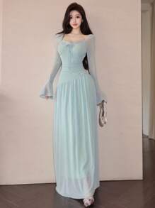 Modelyn Women's Mesh Tie-Up Flared Long Sleeve Asymmetrical Ruffle Elegant Date Night Dress Fall Cloth For Women - Mint Green - View 8