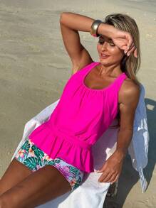 Swim Lushoire 2pcs Women Fuchsia Patchwork White Base Floral Print Crop Top With Cinched Waist Loose Beach Tankini Set - Hot Pink - View 1