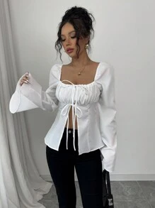 Elenzga Women's Spring New Solid Color Vintage Slash Neck Pleated Patchwork Hollow Out Tie Long Sleeve Flare Sleeve Fitted A-Line Minimalist Elegant Casual Vacation Date Blouse Fall Cloth For Women - White - View 5