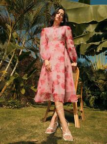 Anewsta 法式粉红玫瑰花卉蕾丝拼接长袖 A 字裙，优雅的春季、度假、复活节、早午餐装扮 - 粉色 - 查看 4