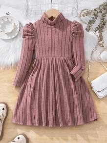 SHEIN Cô Gái Trẻ Retro Đứng cổ áo Ống tay áo Sọc Tay áo dài Đầm - Hồng - Xem 4