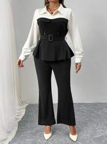 Elenzga Elegantes Business-Farbblockhemd- und Hosenanzug-Set - Schwarz und Weiss - Übersicht 3