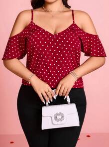 SHEIN Clasi Plus Size Women Heart Print Open Shoulder Fashion Blouse For Summer - Red - View 3