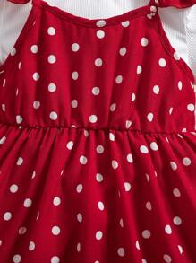 SHEIN 2pcs/Set Cute Summer Polka Dot Mesh Dress And Knit Top Outfit For Babygirl