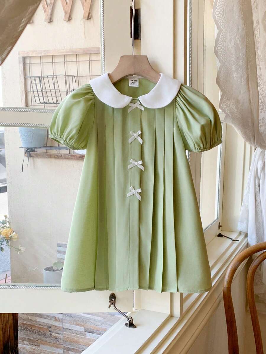 SHEIN Baby Girl Cute Green Peter Pan Collar Bow Short Sleeve Dress For Summer - Green - View 1
