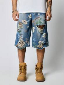 ROMWE MEN Street Life Men's Floral Print Pocket Ripped 7/8 Jeans Vacation