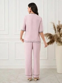 Lacomfia 2 pièces/Set Femmes Top casual imprimé col montant et pantalon long Ensemble
