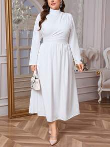 SHEIN Privé 大码女式优雅日常简约精致浪漫迷人通勤鸡尾酒会约会荷叶边泡泡袖收腰喇叭下摆长连衣裙，白色，春/秋 - 白色 - 查看 3