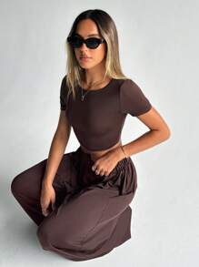 SHEIN Essnce Summer Simple Short Sleeve Tee & Wide Leg Pants Two Pieces Outfit - Coffee Brown - View 5