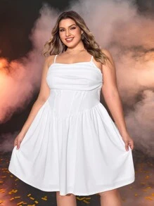 SHEIN CURVE+ 加大码褶皱吊带背心，白色紧身胸衣春季连衣裙，情人节连衣裙 - 白色 - 查看 2