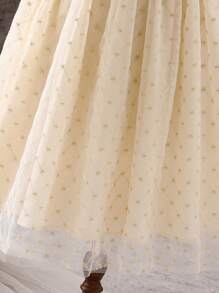 Blusa con cuello vuelto y manga corta con falda de malla, conjunto informal de vacaciones para niña preadolescente
