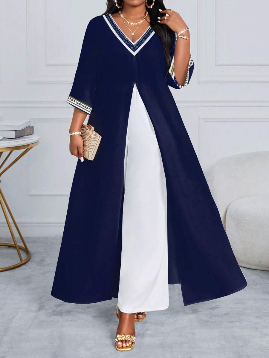SHEIN Lady ثوب واحد كاجوال أنيق مبطن أزرق غامق بأكمام قصيرة مفتوقة بتصميم صيفي ربيعي. بدلة زفاف موسمية لست بحجم كبير. ملابس شاطئ وأجازات للسيدات. مجموعات الراحة للشاطئ. ملابس الكنيسة للسيدات. ملابس ربيعية للسيدات - متعدد الألوان - مشاهدة 1