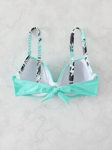SHEIN Swim 女士纯绿色聚拢褶皱肩带沙滩装比基尼上衣夏季泳装 - 薄荷綠 - 查看 2