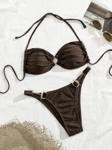 Swim EVENT Women's Summer Beach Casual Holiday Solid Color Bikini 2 Pieces Set, Paired With Simple Metal Accessories, Suitable For Outdoor Parties - Brown - View 6