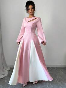 Modelyn Damen elegantes Zweifarbiges Ballonkleider mit durchbrochenem Gürtel A-Linie Maxikleid Damen Outfit