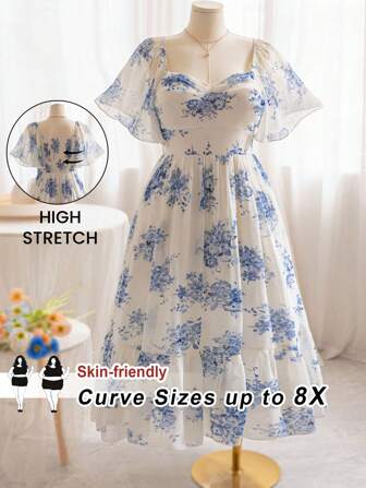 SHEIN CURVE+ 大码女式夏季复古蓝白碎花荷叶边袖松紧腰连衣裙，优雅浪漫假日约会场合连衣裙，沙滩连衣裙，波西米亚风度假装