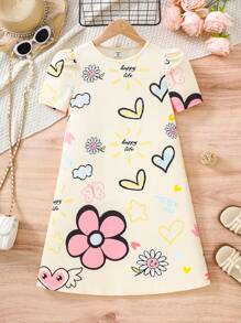 SHEIN Tween Girl Casual Cartoon Floral Print Round Neck Puff Sleeve A-Line Dress