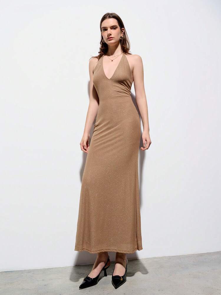 SHEIN Maija Spring And Summer New Khaki Glitter V-Neck Halterneck Sexy Women's Long Dress Urban Modern Elegant Sleeveless Daily Casual Commuting Suitable For Going Out For Vacations, Holiday Parties, Weddings And Dates.
