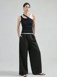 Ontre 2025 女式高腰金属扣细节宽松阔腿裤，简约设计，城市通勤风格