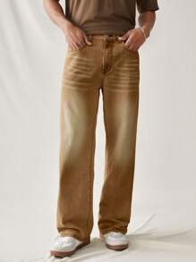 Chillumni Jeans casuales de ajuste holgado y oversize con bloqueo de color vintage para hombres - Caqui - Ver 5